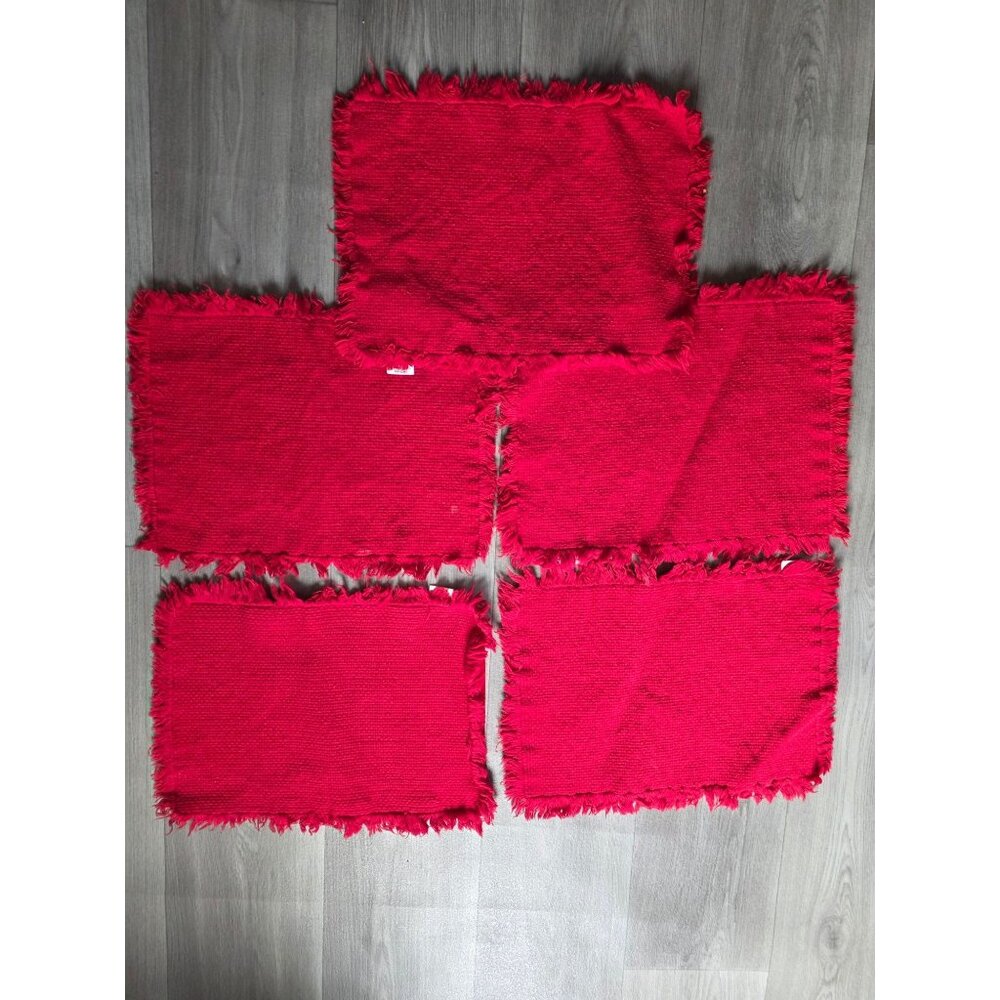 Set Of 5 Red Fringe Cotton Placemats 16" X 13" Table Linens Made In India